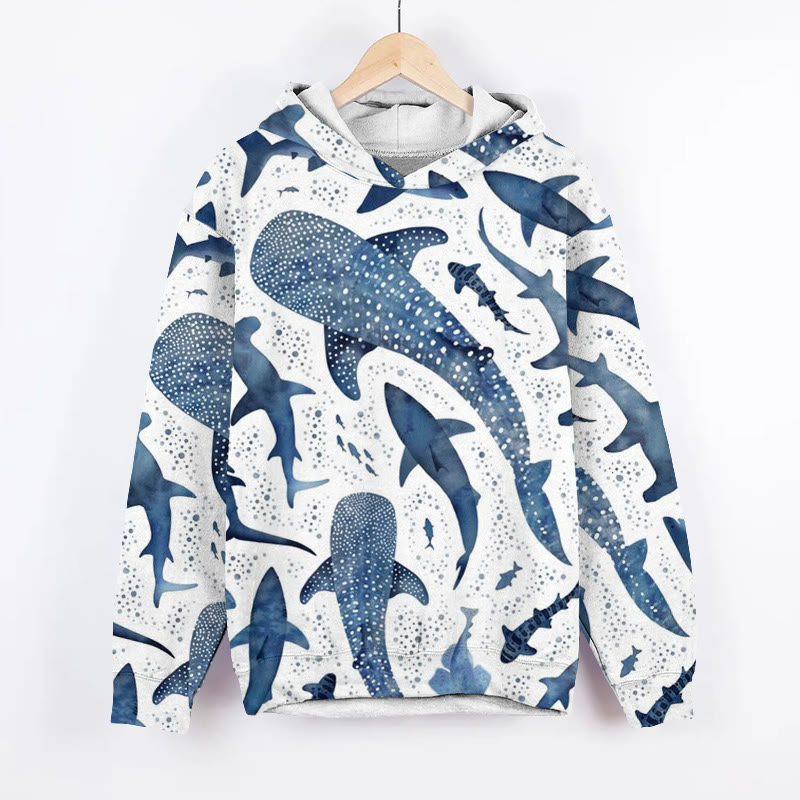 Unisex Watercolor Whale Shark Art Print Long Sleeved Hoodie - White - US44-46(8XL) - image 1