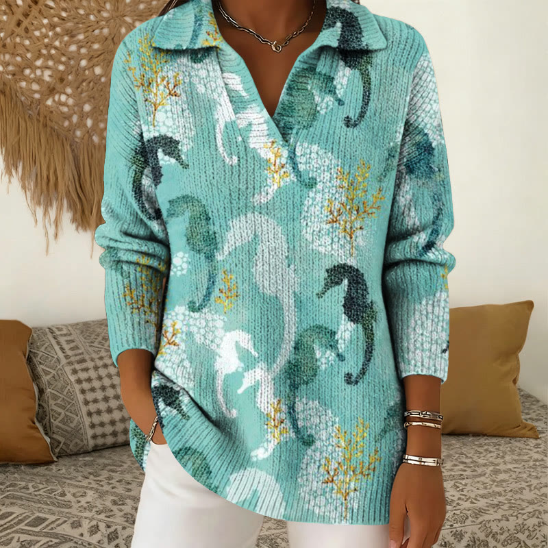 Ocean Seahorse Art Print Polo Collar Long Sleeved Sweater - Green - 5XL - image 1