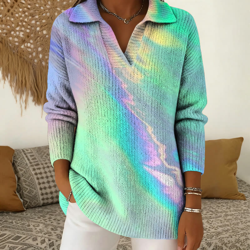 Colorful Aurora Art Print Polo Collar Long Sleeved Sweater - Light Green - 5XL - image 1
