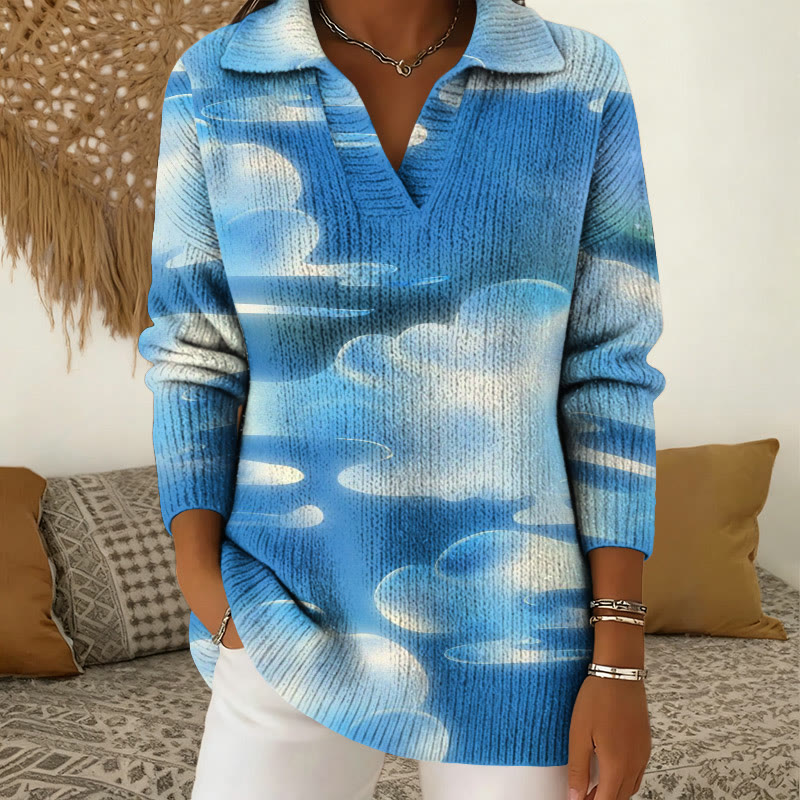 Clouds In The Sky Print Polo Collar Long Sleeved Sweater - Blue - 5XL - image 1