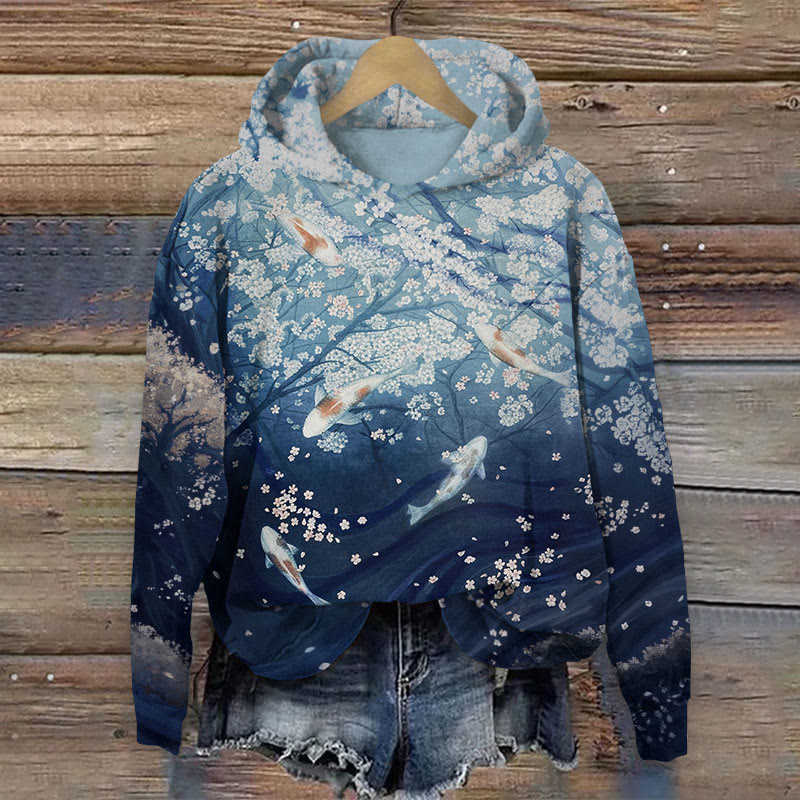 Japanese Style Carp Art Print Long Sleeved Hoodie - Blue - US44-46(8XL) - image 1