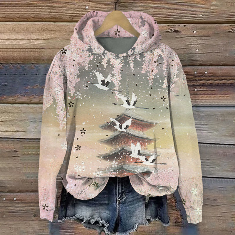 Japanese Style Crane Art Print Long Sleeved Hoodie - Apricot - US44-46(8XL) - image 1