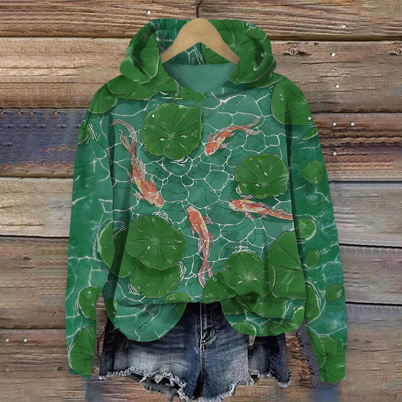 Pond Carp Art Painting Long Sleeved Hoodie - Green - US44-46(8XL) - image 1