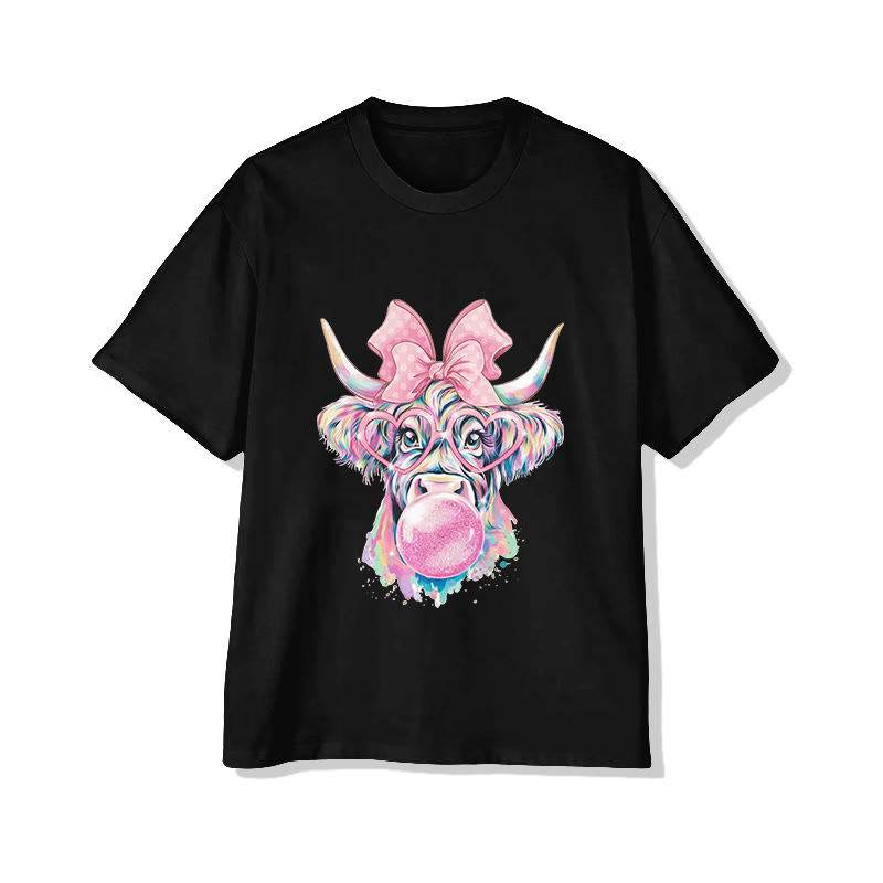 Unisex Funny Cow Blowing Gum Bubbles Print Short Sleeved Crew Neck T-shirt - Black - 2XL - image 3