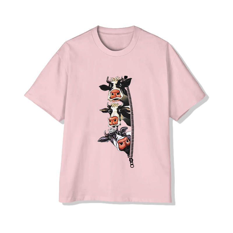 Unisex Creative Zipper Cow Pattern Print Short Sleeved Crew Neck T-shirt - Pink - 2XL - image 2