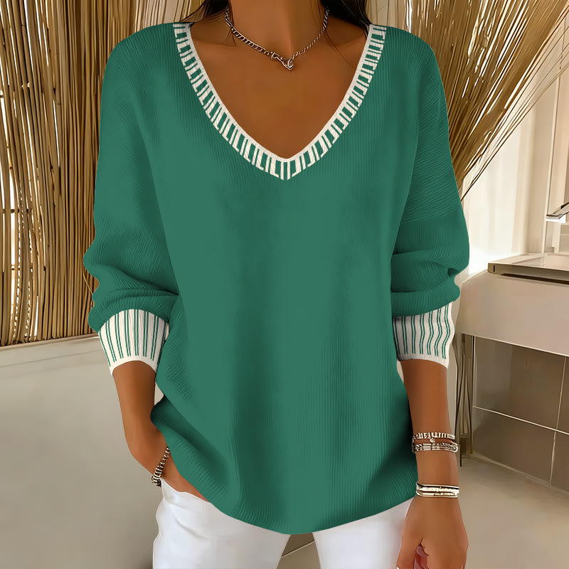 Women's Simple Striped Design Print V-neck Long Sleeved Sweater - Green - 5XL - image 2