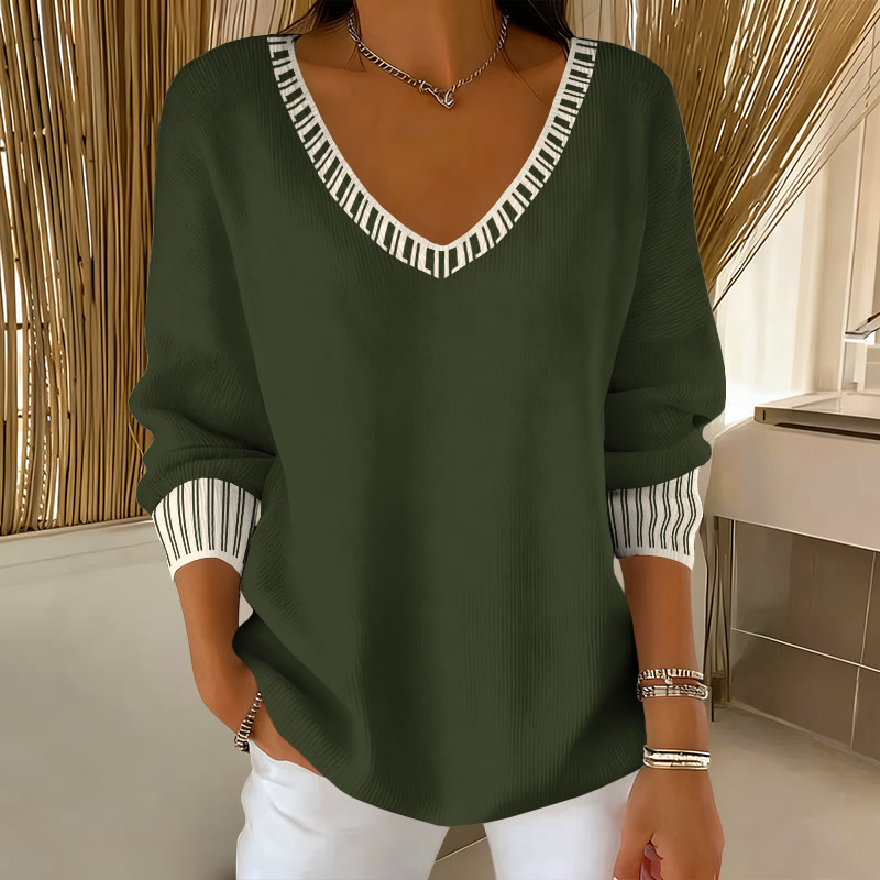 Women's Simple Striped Design Print V-neck Long Sleeved Sweater - Olive Green - 5XL - image 1