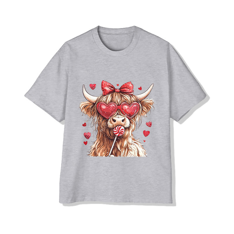 Unisex Valentine Cow Eating Lollipop Print Short Sleeved Crew Neck T-shirt - Grey - 2XL - image 1