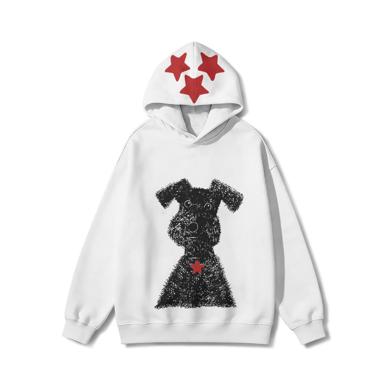 Unisex Black Puppy & Red Star Graphic Design Print Long Sleeved Hoodie - White - US44-46(8XL) - image 2