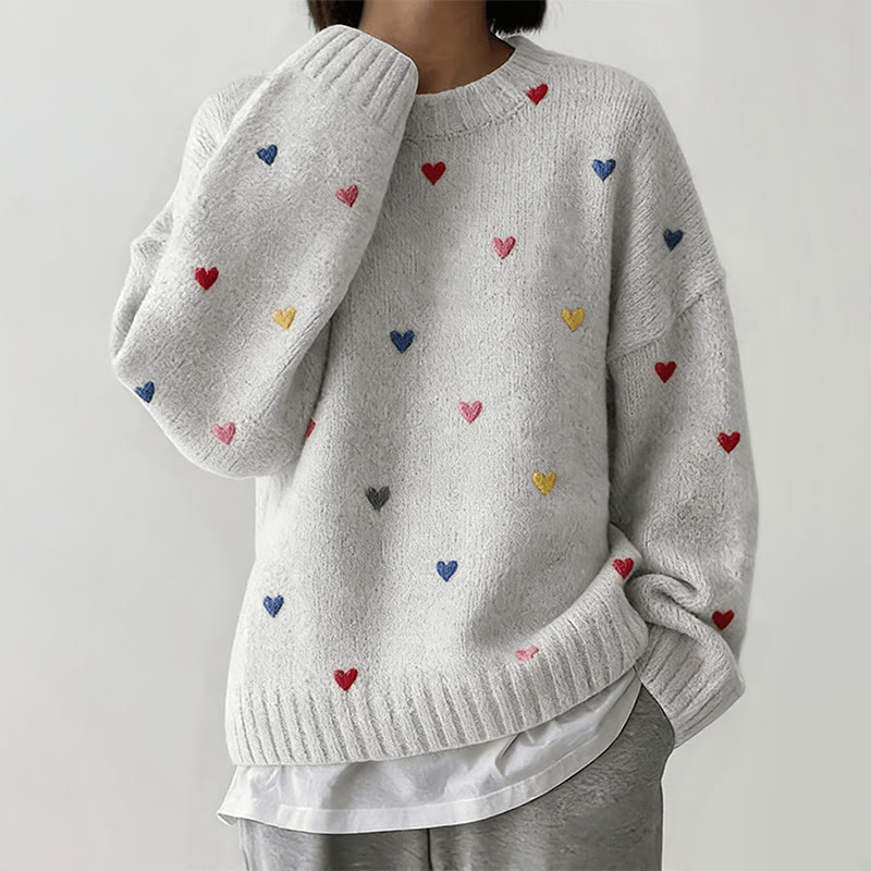 Valentine's Day Colorful Hearts Full Print Casual Pullover Sweater - Light Gray - 4XL - image 1
