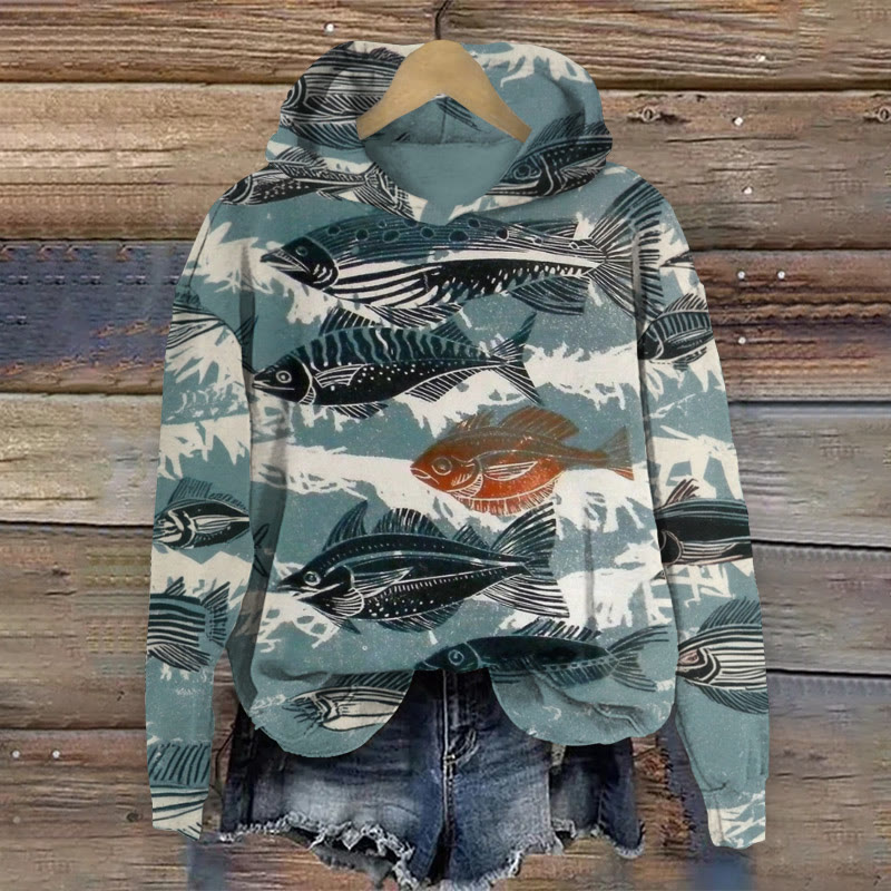Vintage Fish Flock Pattern Print Long Sleeved Hoodie - Blue - US44-46(8XL) - image 1