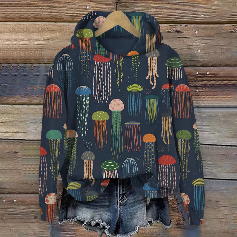 Retro Colorful Jellyfish Pattern Print Long Sleeved Hoodie - Dark Blue - US44-46(8XL) - image 1