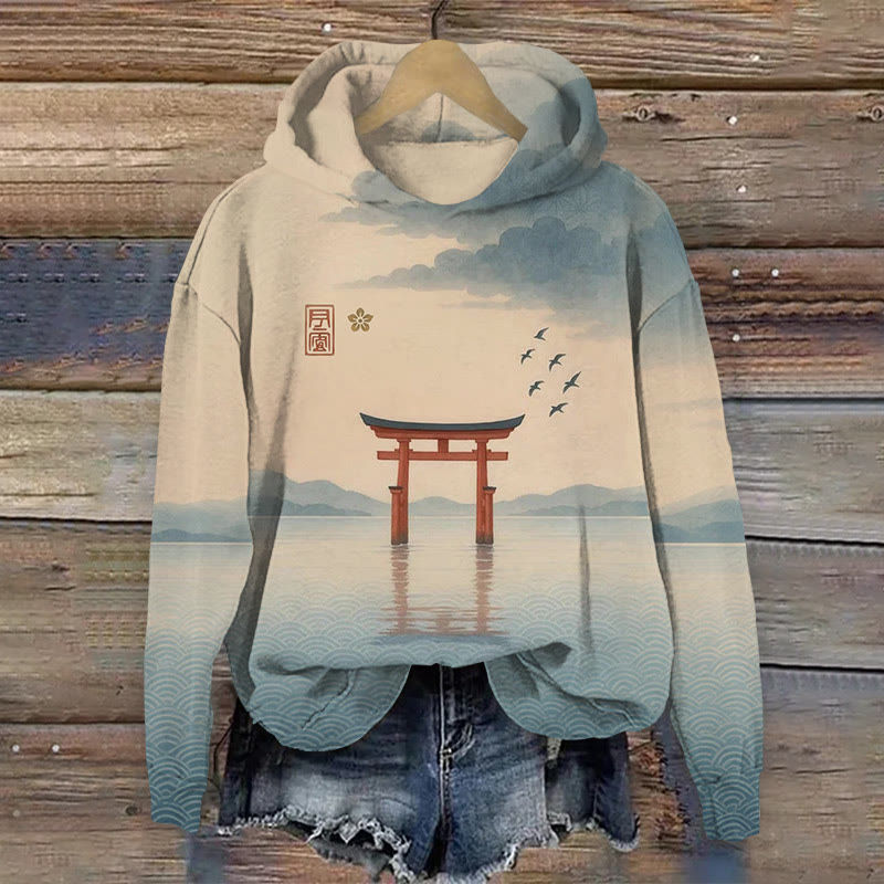 Japanese Torii Gate Landscape Pattern Print Long Sleeved Hoodie - Apricot - US44-46(8XL) - image 1