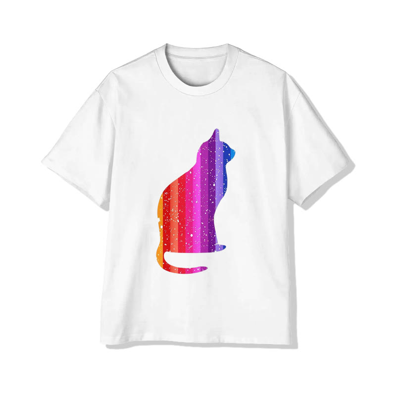 Unisex Vertical Rainbow Cat Print Short Sleeved Crew Neck T-shirt - White - 2XL - image 1