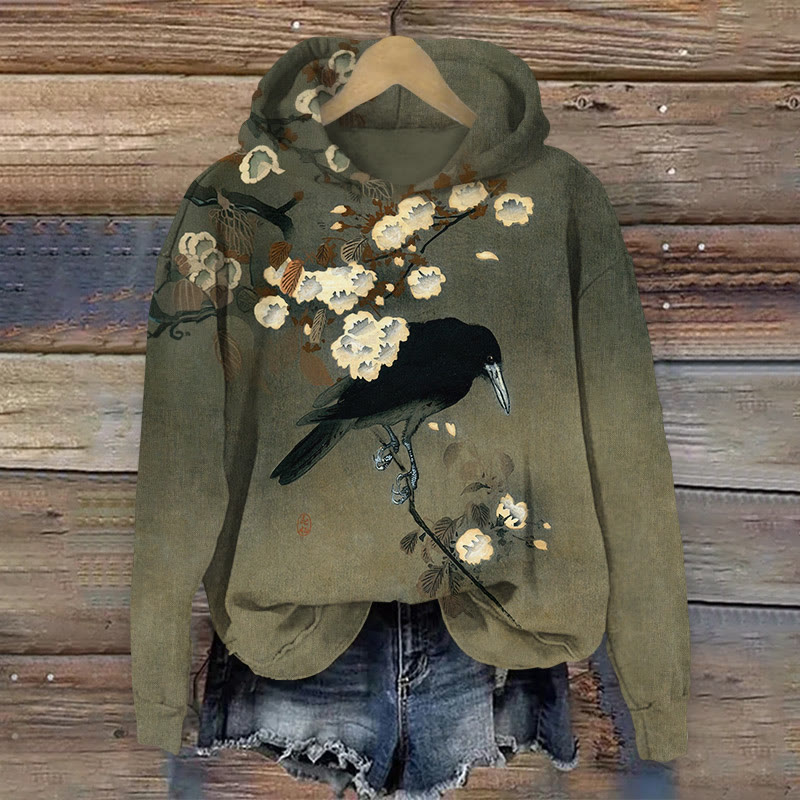 Japanese Style Vintage Floral And Crow Pattern Print Long Sleeved Hoodie - Dark Green - US44-46(8XL) - image 1