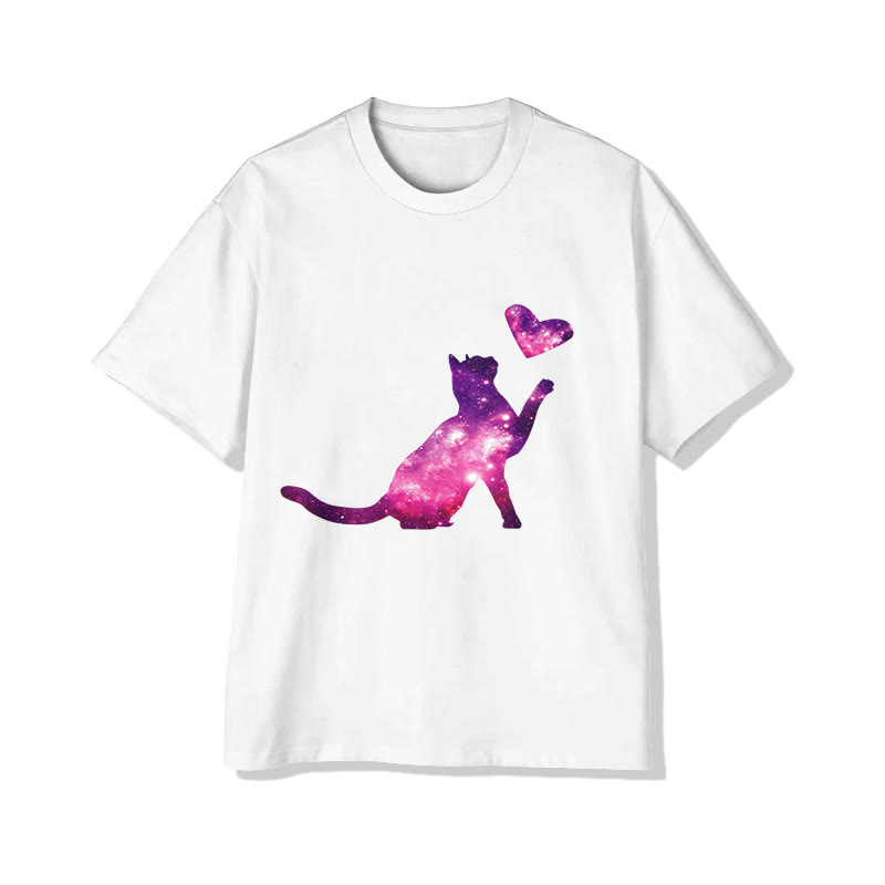 Unisex Ombre Colored Cat & Heart Print Short Sleeved Crew Neck T-shirt - White - 2XL - image 2