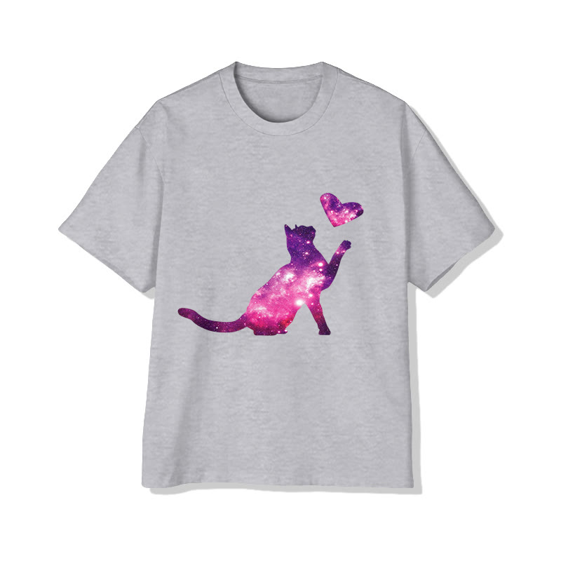 Unisex Ombre Colored Cat & Heart Print Short Sleeved Crew Neck T-shirt - Grey - 2XL - image 1
