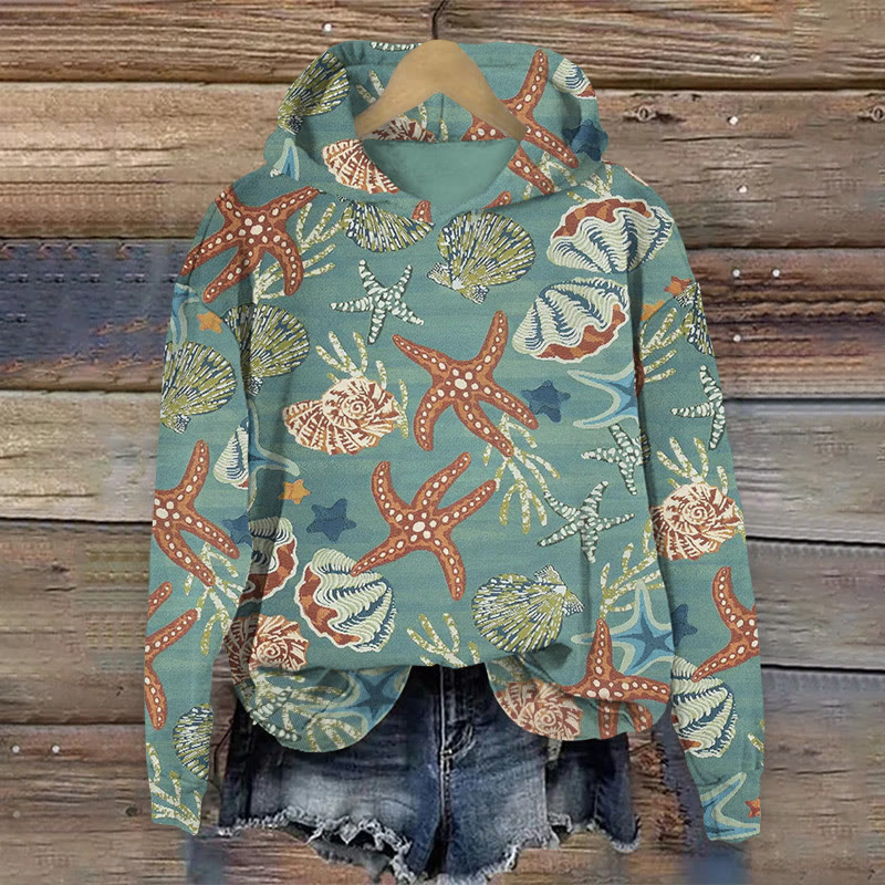 JVintage Marine Plants Pattern Print Long Sleeved Hoodie - Green - US44-46(8XL) - image 1