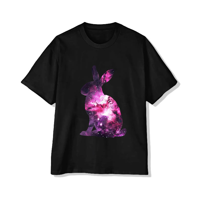 Unisex Starry Sky Pattern Rabbit Print Short Sleeved Crew Neck T-shirt - Black - 2XL - image 2