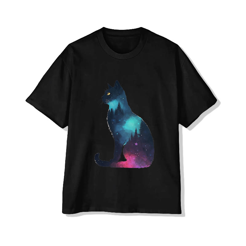 Unisex Mysterious Forest Cat Print Short Sleeved Crew Neck T-shirt - Black - 2XL - image 2