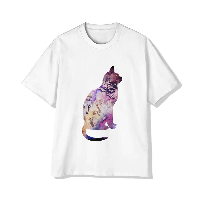 Unisex Colorful Floral Cat Print Short Sleeved Crew Neck T-shirt - White - 2XL - image 1