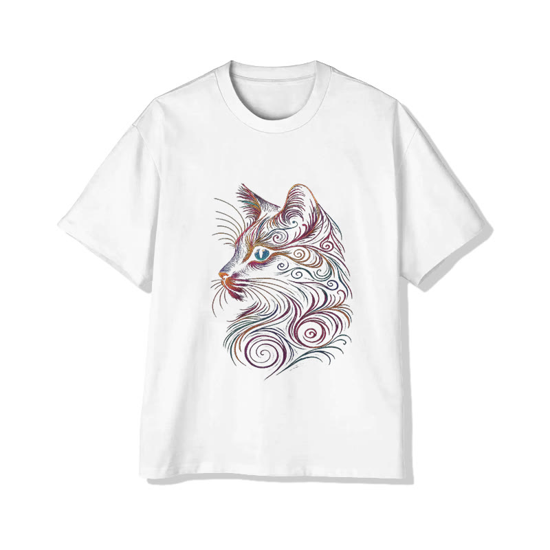 Unisex Colorful Swirling Cat Pattern Print Short Sleeved Crew Neck T-shirt - White - 2XL - image 2