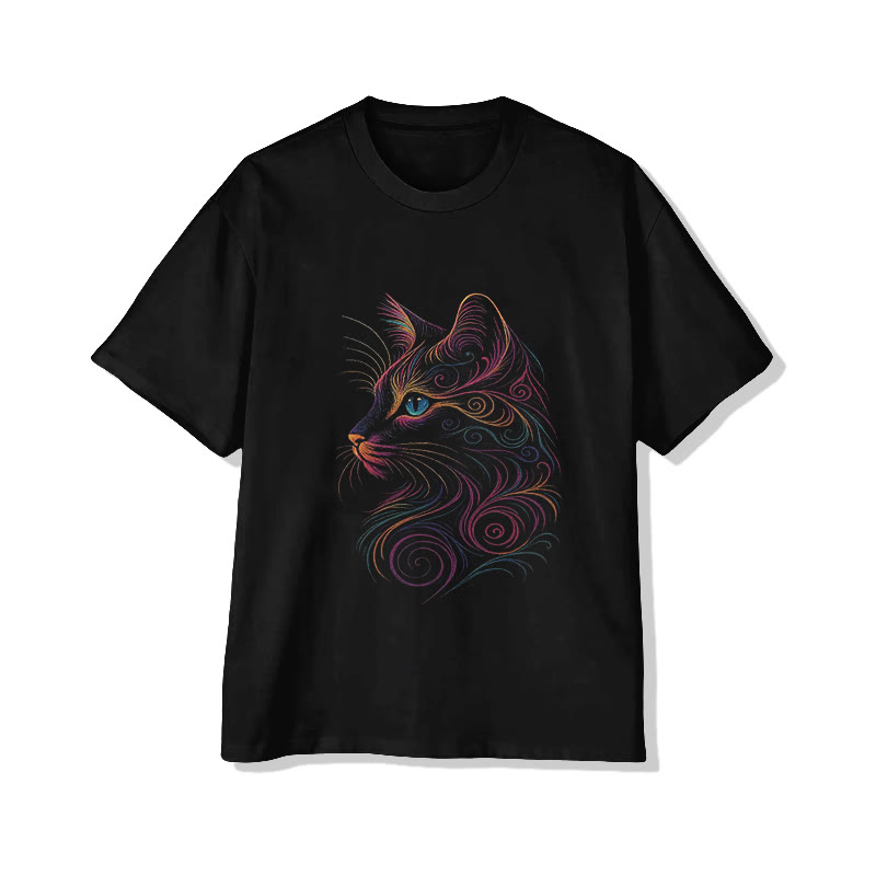 Unisex Colorful Swirling Cat Pattern Print Short Sleeved Crew Neck T-shirt - Black - 2XL - image 1
