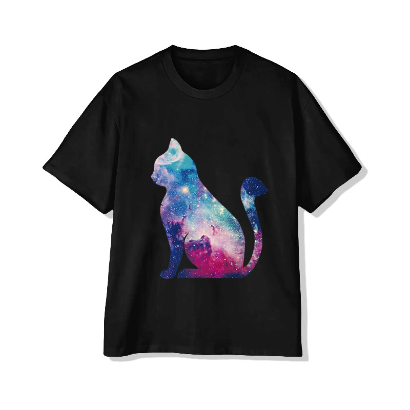 Unisex Brilliant Starry Sky Cat Print Short Sleeved Crew Neck T-shirt - Black - 2XL - image 2