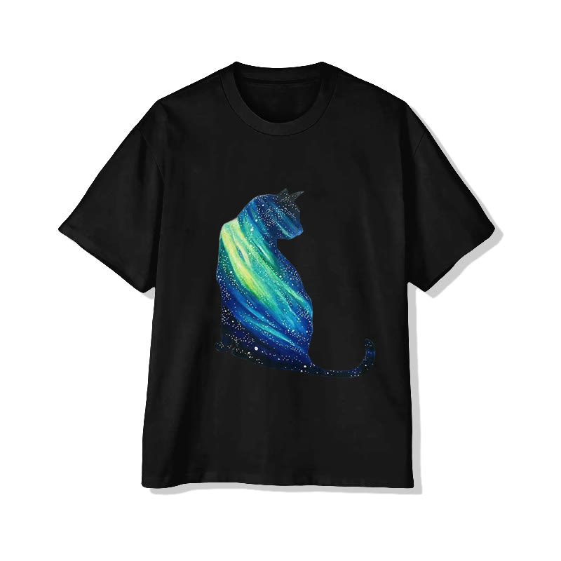 Unisex Creative Aurora Cat Pattern Print Short Sleeved Crew Neck T-shirt - Black - 2XL - image 2