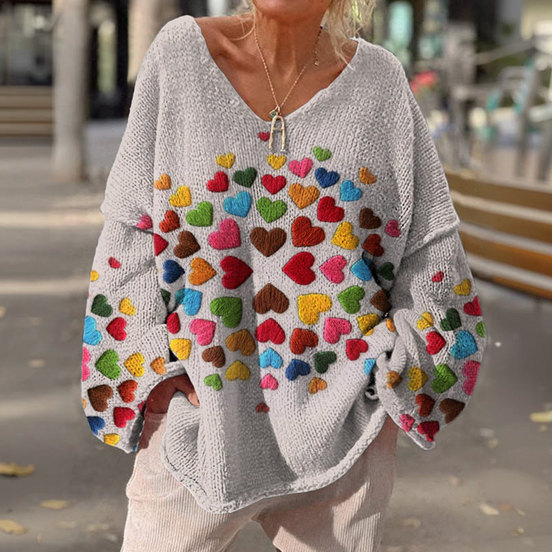Valentine's Day Colorful Little Hearts Pattern Print Causal V-neck Pullover Sweater - Grey - 4XL - image 1