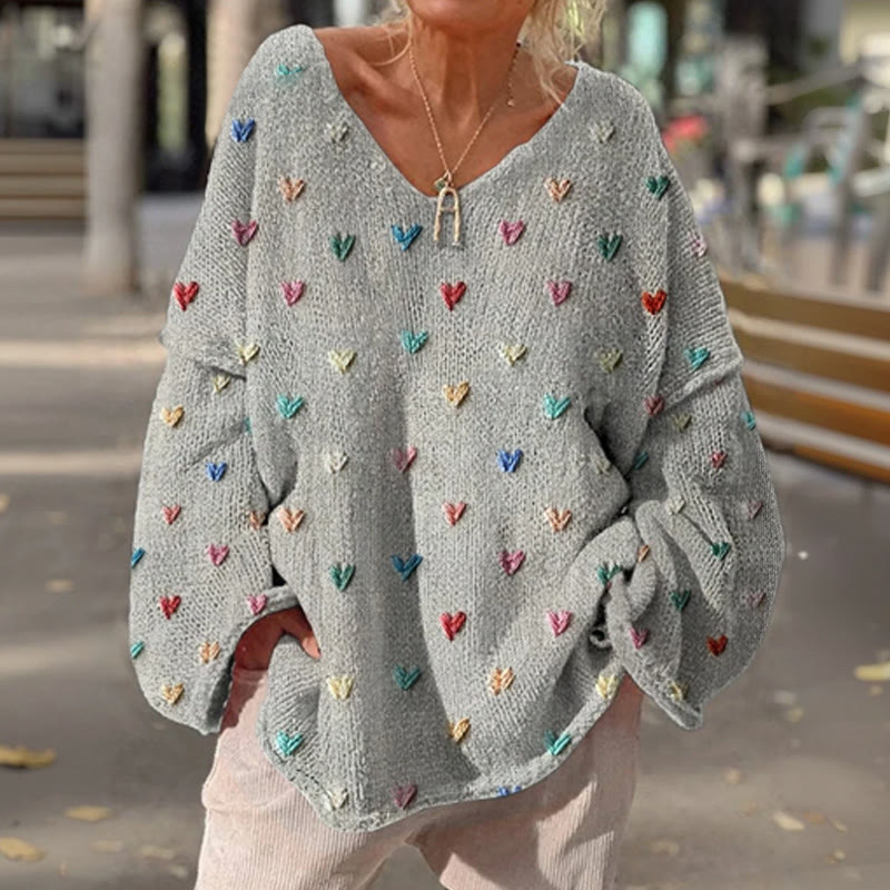 Valentine's Day Multi Colored Small Hearts Pattern Print Causal V-neck Pullover Sweater - Grey - 4XL - image 1