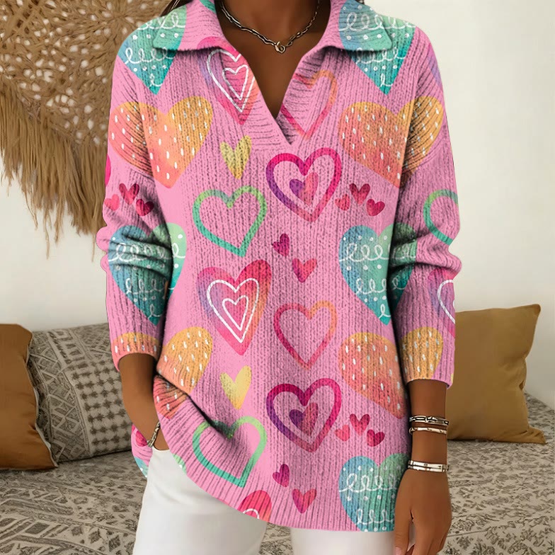 Valentine's Day Colorful Heart Print Polo Collar Long Sleeved Sweater - Pink - 5XL - image 1