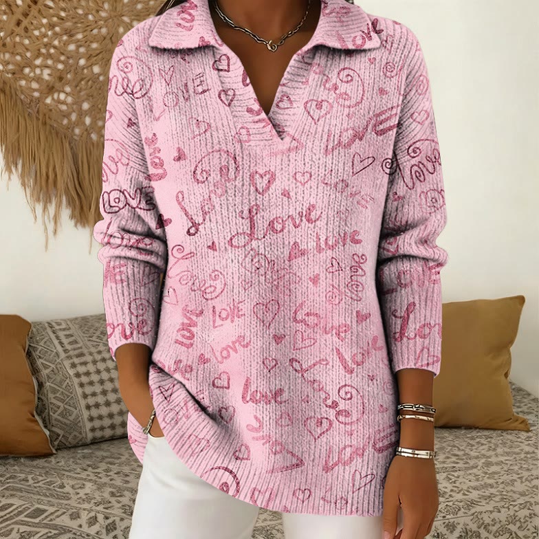 Valentine's Day Gradient Letter Print Polo Collar Long Sleeved Sweater - Pink - 5XL - image 1