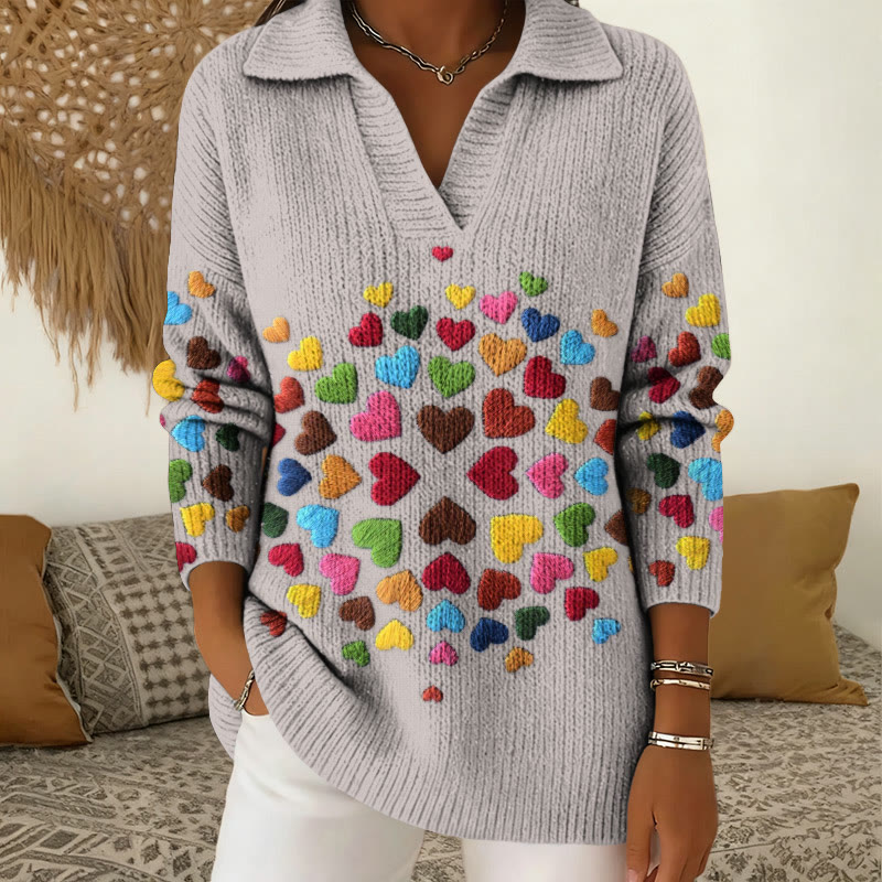 Valentine's Day Colorful Little Hearts Pattern Print Polo Collar Long Sleeved Sweater - Grey - 5XL - image 1