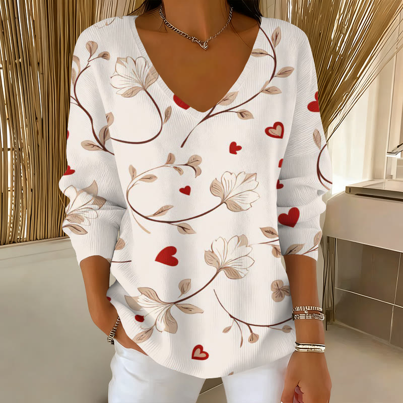 Valentine's Day Floral Heart Print Causal V-neck Pullover Sweater - White - 5XL - image 1