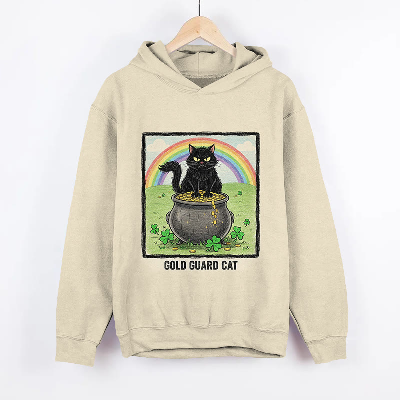 Unisex St. Patrick's Day Guard Cat  Print Long Sleeved Hoodie - Apricot - US44-46(8XL) - image 1