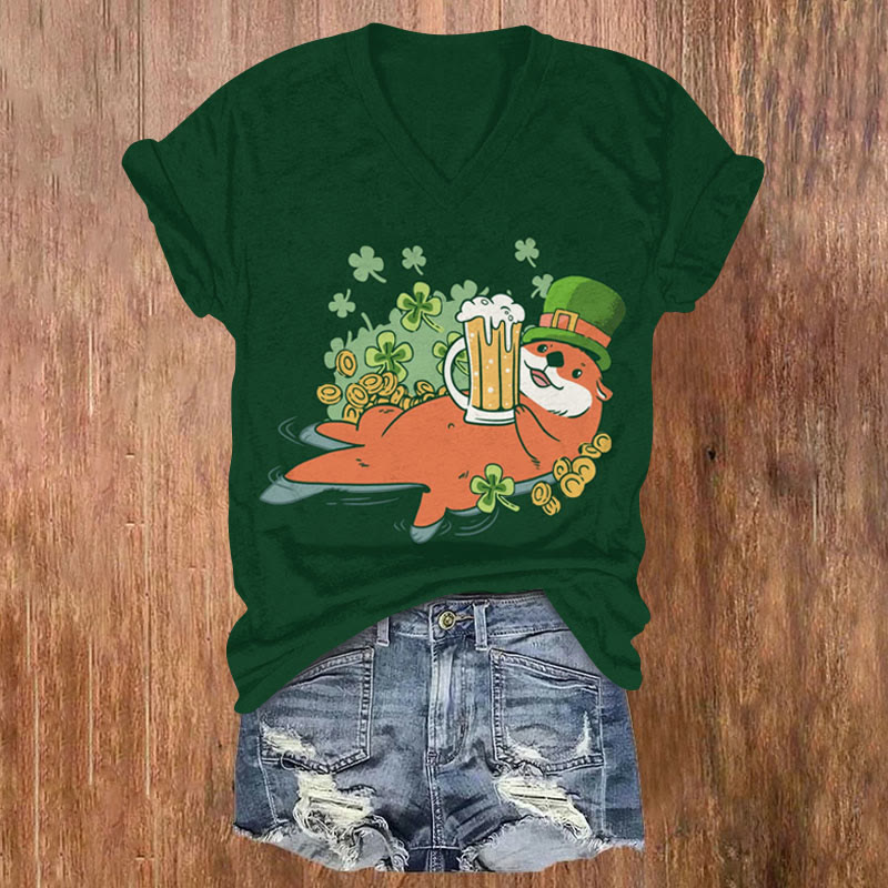St. Patrick's Day Otter With Beer And Gold Coins Pattern Short Sleeved V-Neck T-Shirt - Dark Green - US32-34(5XL) - image 1