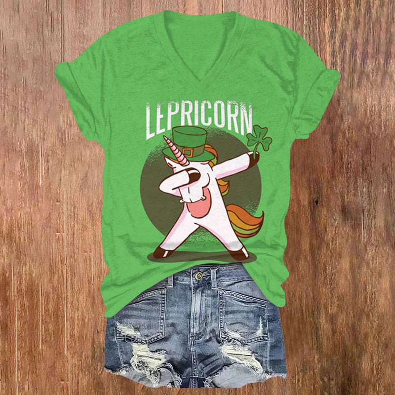 St. Patrick's Day Fun Dwarf Unicorn Pattern Short Sleeved V-Neck T-Shirt - Green - US32-34(5XL) - image 1