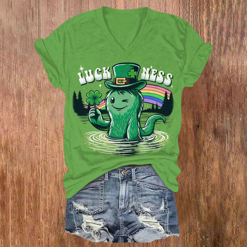 St. Patrick's Day Fun Luck Ness Monster Pattern Short Sleeved V-Neck T-Shirt - Green - US32-34(5XL) - image 1