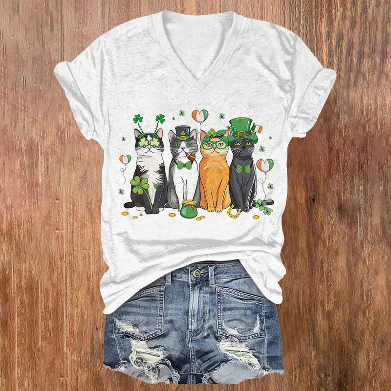 St. Patrick's Day Cat Squad Pattern Short Sleeved V-Neck T-Shirt - White - US32-34(5XL) - image 2