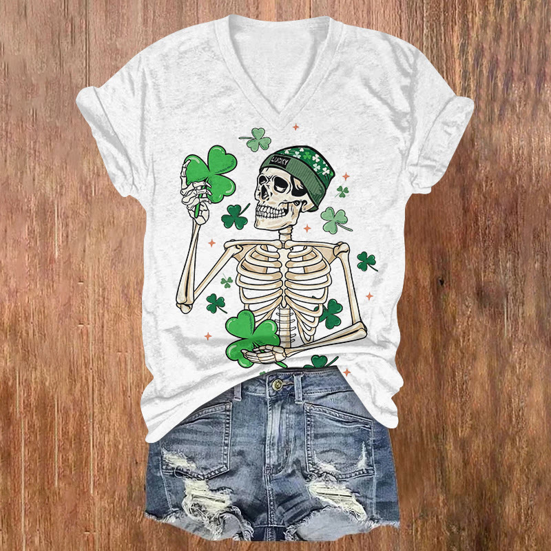 St. Patrick's Day Lucky Skeleton Pattern Short Sleeved V-Neck T-Shirt - White - US32-34(5XL) - image 1