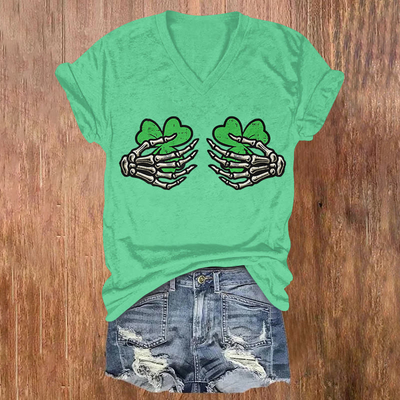 St. Patrick's DaySkeleton Hands And Clover Pattern Short Sleeved V-Neck T-Shirt - Green - US32-34(5XL) - image 2