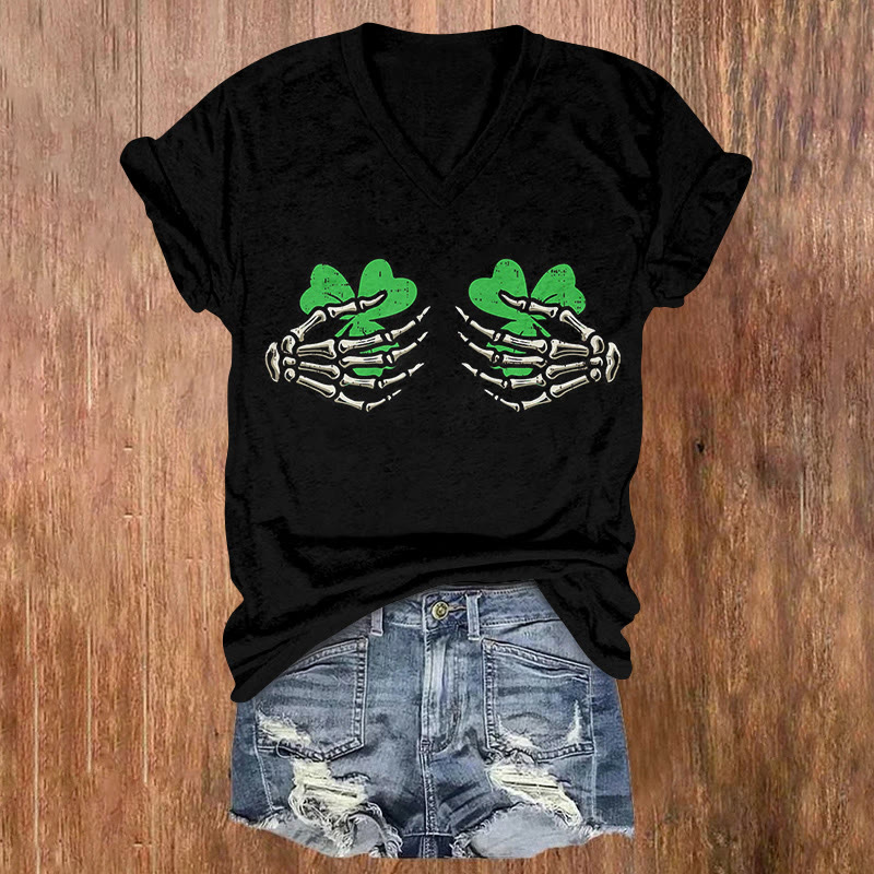 St. Patrick's DaySkeleton Hands And Clover Pattern Short Sleeved V-Neck T-Shirt - Black - US32-34(5XL) - image 1