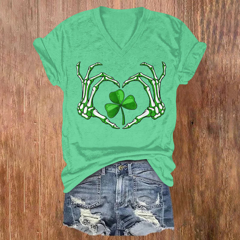 St. Patrick's Day Skeleton Hands Heart And Clover  Pattern Short Sleeved V-Neck T-Shirt - Green - US32-34(5XL) - image 2