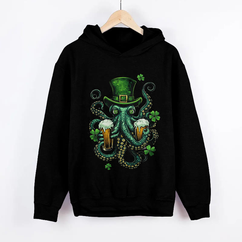 Unisex St. Patrick's Day Octopus Beer Print Long Sleeved Hoodie - Black - US44-46(8XL) - image 3