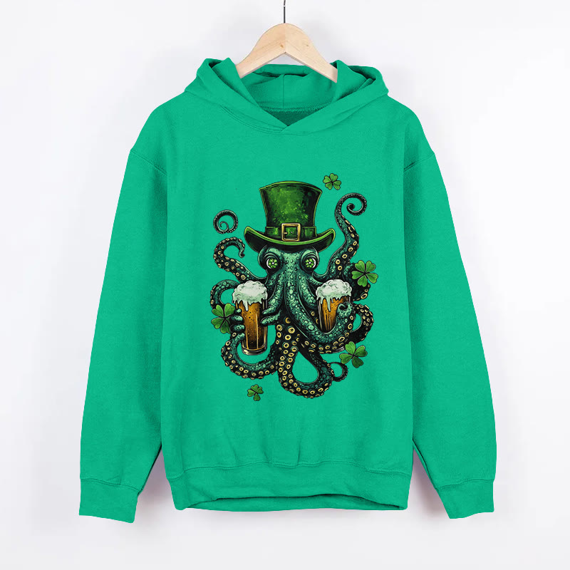 Unisex St. Patrick's Day Octopus Beer Print Long Sleeved Hoodie - Green - US44-46(8XL) - image 1