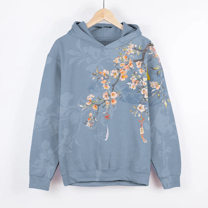  Japanese Peach Blossom With Prayer Ribbon Art Print Long Sleeve Hoodie - Blue - US44-46(8XL) - image 1