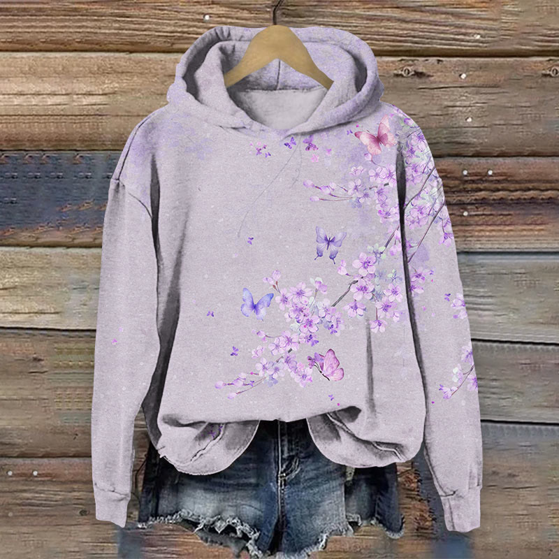  Romantic Purple Cherry Blossom & Butterfly Art Print Long Sleeve Hoodie - image 2