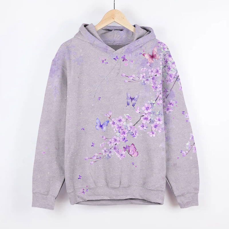  Romantic Purple Cherry Blossom & Butterfly Art Print Long Sleeve Hoodie - Purple - US44-46(8XL) - image 1