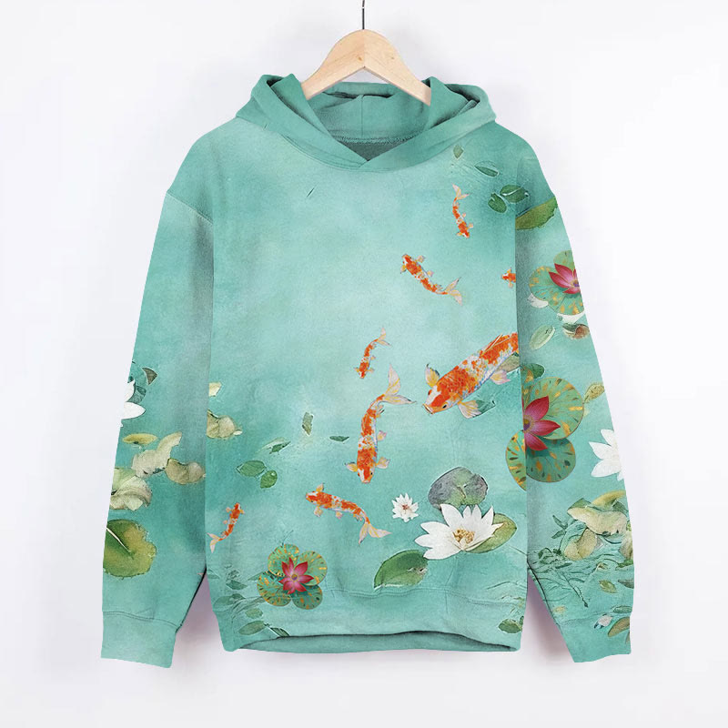 Vivid Oil Painting Goldfish & Lotus Pond Art Print Long Sleeve Hoodie - Green - US44-46(8XL) - image 2